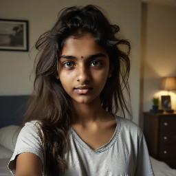 Candid phone-camera selfie of a young 19-year-old Indian girl with a natural innocent face, standing in a dimly lit bedroom. She has soft wheatish skin, messy open hair, wearing a casual oversized t-shirt. Not a model, looks like a real person, slightly blurry background, grainy mobile photo quality, raw skin texture, expressive eyes, realistic proportions, no makeup, authentic teenage vibe, 4k, highly detailed